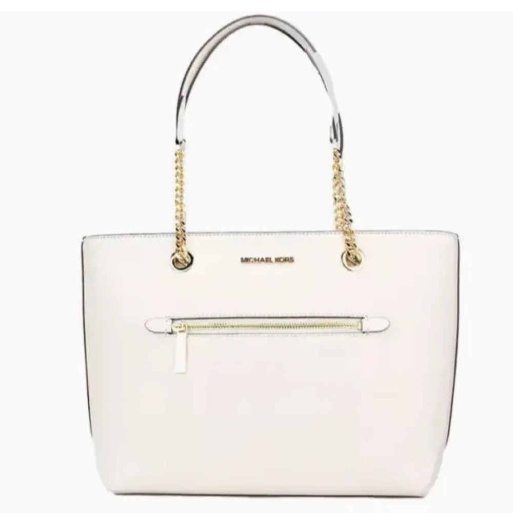 New Michael Kors Jet Set Medium Front Zip Chain Tote Pebble Leather Light Cream